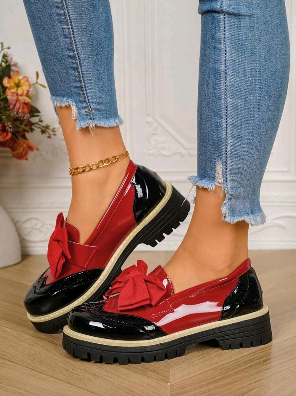 SHEIN Red and Black Patent Bow Platform Loafers